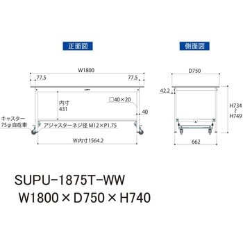 軽量作業台/耐荷重150kg_ワンタッチ移動H740_半面棚板付_ワークテーブル150シリーズ 山金工業