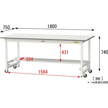 軽量作業台/耐荷重150kg_ワンタッチ移動式_半面棚付_ワークテーブル150シリーズ_低圧メラミン天板 山金工業