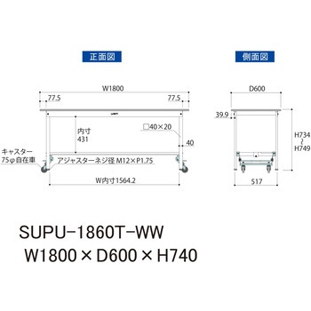 軽量作業台/耐荷重150kg_ワンタッチ移動H740_半面棚板付_ワークテーブル150シリーズ 山金工業