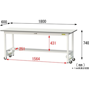 軽量作業台/耐荷重150kg_ワンタッチ移動式_半面棚付_ワークテーブル150シリーズ_低圧メラミン天板 山金工業