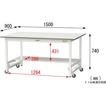 軽量作業台/耐荷重150kg_ワンタッチ移動式_半面棚付_ワークテーブル150シリーズ_低圧メラミン天板 山金工業