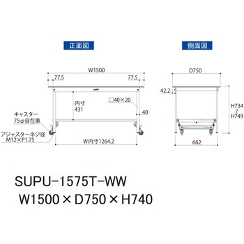 軽量作業台/耐荷重150kg_ワンタッチ移動H740_半面棚板付_ワークテーブル150シリーズ 山金工業