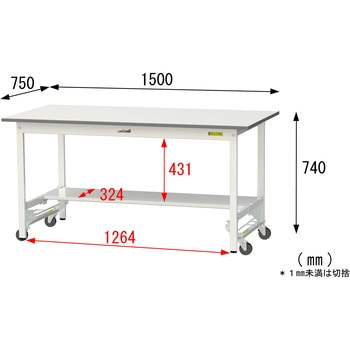 軽量作業台/耐荷重150kg_ワンタッチ移動式_半面棚付_ワークテーブル150シリーズ_低圧メラミン天板 山金工業