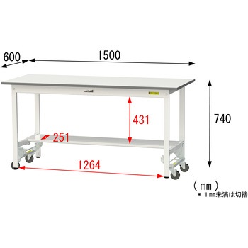 軽量作業台/耐荷重150kg_ワンタッチ移動式_半面棚付_ワークテーブル150シリーズ_低圧メラミン天板 山金工業