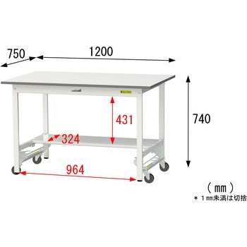 軽量作業台/耐荷重150kg_ワンタッチ移動式_半面棚付_ワークテーブル150シリーズ_低圧メラミン天板 山金工業