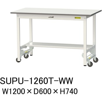 軽量作業台/耐荷重150kg_ワンタッチ移動H740_半面棚板付_ワークテーブル150シリーズ 山金工業