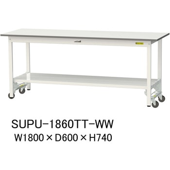 軽量作業台/耐荷重150kg_ワンタッチ移動H740_全面棚板付_ワークテーブル150シリーズ 山金工業