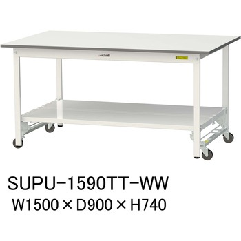 軽量作業台/耐荷重150kg_ワンタッチ移動H740_全面棚板付_ワークテーブル150シリーズ 山金工業