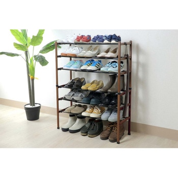 Quick Lock 靴に合わせて組み換えられる 伸縮式シューズラック ブラック×ウッド 連結型 - リブプラス