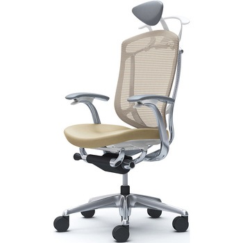 コンテッサセコンダ、固定肘、可動ヘッド、座革、ハンガー付、ランバー無、ホワイトB、ポリッシュ、脚ポリッシュ、ウレタン オカムラ(岡村製作所)