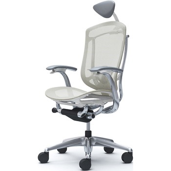 コンテッサセコンダ、固定肘、可動ヘッド、座メッシュ、ハンガー無、ランバー付、ホワイトB、ポリッシュ、脚ポリッシュ、ウレタン オカムラ(岡村製作所)