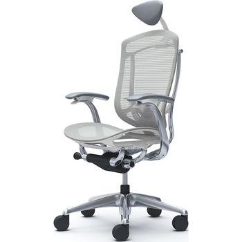 コンテッサセコンダ、固定肘、可動ヘッド、座メッシュ、ハンガー無、ランバー付、ホワイトB、ポリッシュ、脚ポリッシュ、ウレタン オカムラ(岡村製作所)