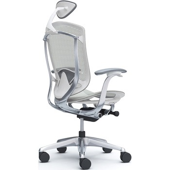 コンテッサセコンダ、固定肘、可動ヘッド、座メッシュ、ハンガー無、ランバー付、ホワイトB、ポリッシュ、脚ポリッシュ、ウレタン オカムラ(岡村製作所)