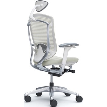 コンテッサセコンダ、可動肘、可動ヘッド、座革、ハンガー無、ランバー付、ホワイトB、ポリッシュ、脚ポリッシュ、ウレタン オカムラ(岡村製作所)