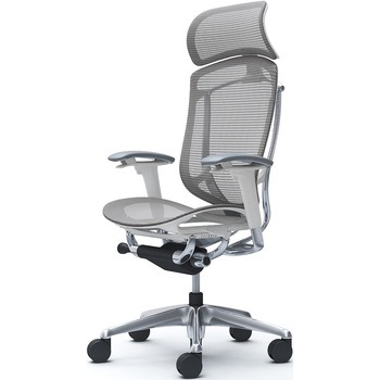 コンテッサセコンダ、可動肘、固定ヘッド、座メッシュ、ハンガー無、ランバー無、ホワイトB、ポリッシュ、脚ポリッシュ、ウレタン オカムラ(岡村製作所)