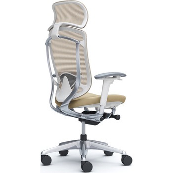 コンテッサセコンダ、可動肘、固定ヘッド、座革、ハンガー無、ランバー付、ホワイトB、ポリッシュ、脚ポリッシュ、ウレタン - オカムラ(岡村製作所)