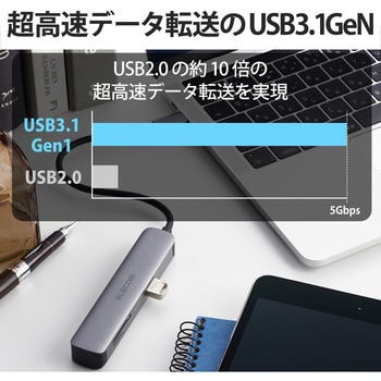USBハブ ドッキングステーション Type-C接続 USB3.1×2ポート SD・microSDスロット付 スリム アルミ筐体 シルバー エレコム