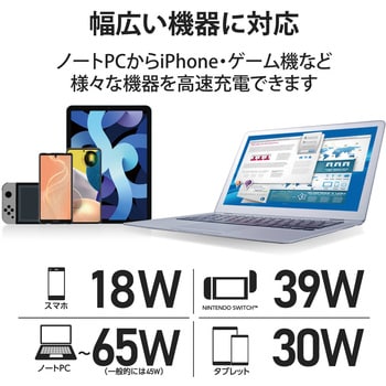 ACアダプター ノートPC用 PD対応 タイプC 急速充電 GaN(窒化ガリウム) Type-C-Cケーブル付属 2m エレコム