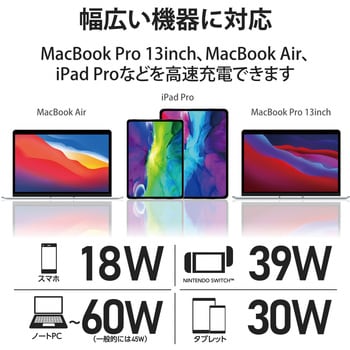 ACアダプター ノートPC用 PD対応 タイプC 急速充電 GaN(窒化ガリウム) Type-C-Cケーブル付属 2m エレコム