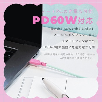 バイカラーケーブル USB-C to USB-C 60W しなやか 絡まない 急速充電 PD60W データ転送 ケーブルバンド付属 1m MOTTERU