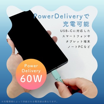 グラデーションケーブル USB-C to USB-C PD60W しなやか 絡まない 急速充電 データ転送 ケーブルバンド付属 1m MOTTERU