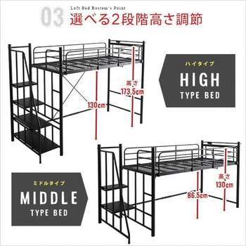 階段付パイプロフトベッド(4色)、ハイタイプでもミドルタイプ 階段付パイプロフトベッド(4色)、ハイタイプでもミドルタイプ