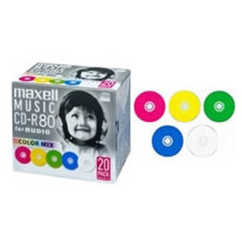 音楽用CD-R 80分 カラーレーベル 20枚パック 1枚ずつプラケース入り(5mmケース) マクセル