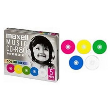 音楽用CD-R、録音時間80分、カラーレーベル、5枚パック、1枚ずつプラケース入り マクセル