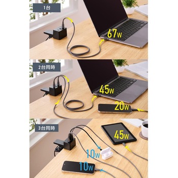 67W 充電器 一体型ケーブル1.5m USB Type-C×2 USB-A×1 高出力 PD/PPS対応 クリップ式固定 GaNII Plus - エレコム