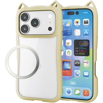 iPhone17 Pro ケース ハイブリッド 衝撃吸収 磁気吸着対応メタルステッカー付 猫耳デザイン - エレコム