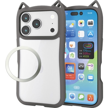 iPhone17 Pro ケース ハイブリッド 衝撃吸収 磁気吸着対応メタルステッカー付 猫耳デザイン エレコム