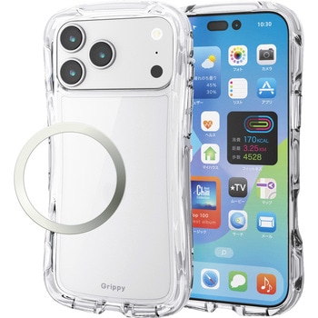iPhone17 Pro Max ケース ハイブリッド 衝撃吸収 磁気吸着対応メタルステッカー付 Grippy エレコム