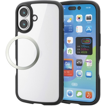 iPhone17 ケース ハイブリッド 衝撃吸収 軽量 薄型 磁気吸着対応メタルステッカー付 背面ガラス - エレコム