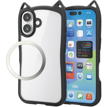 iPhone17 ケース ハイブリッド 衝撃吸収 磁気吸着対応メタルステッカー付 猫耳デザイン エレコム