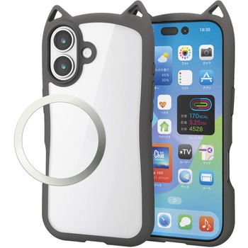 iPhone17 ケース ハイブリッド 衝撃吸収 磁気吸着対応メタルステッカー付 猫耳デザイン エレコム
