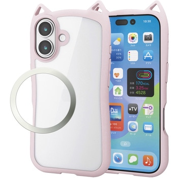 iPhone17 ケース ハイブリッド 衝撃吸収 磁気吸着対応メタルステッカー付 猫耳デザイン エレコム