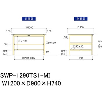 軽量作業台/耐荷重300kg_中間+足元半面棚板付_固定式H740_ポリエステル天板_ワークテーブル300シリーズ 山金工業