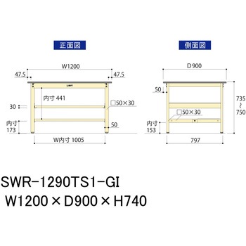 軽量作業台/耐荷重300kg_中間+足元半面棚板付_固定式H740_塩ビシート天板_ワークテーブル300シリーズ 山金工業