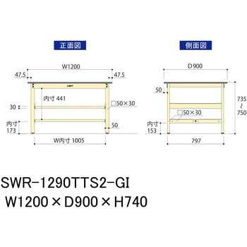 軽量作業台/耐荷重300kg_中間+足元全面棚板付_固定式H740_塩ビシート天板_ワークテーブル300シリーズ 山金工業
