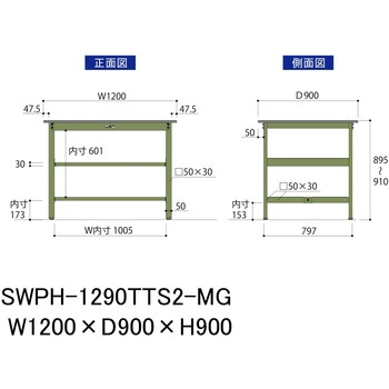軽量作業台/耐荷重300kg_中間+足元全面棚板付_固定式H900_ポリエステル天板_ワークテーブル300シリーズ 山金工業