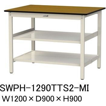 軽量作業台/耐荷重300kg_中間+足元全面棚板付_固定式H900_ポリエステル天板_ワークテーブル300シリーズ 山金工業