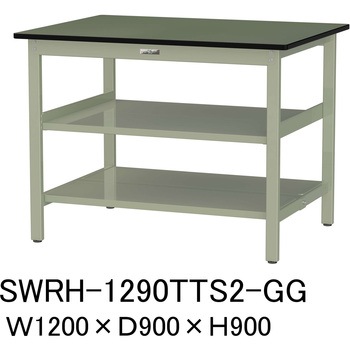 軽量作業台/耐荷重300kg_中間+足元全面棚板付_固定式H900_塩ビシート天板_ワークテーブル300シリーズ 山金工業