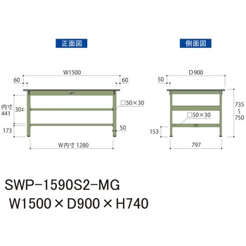 軽量作業台/耐荷重300kg_中間全面棚板付_固定式H740_ポリエステル天板_ワークテーブル300シリーズ 山金工業