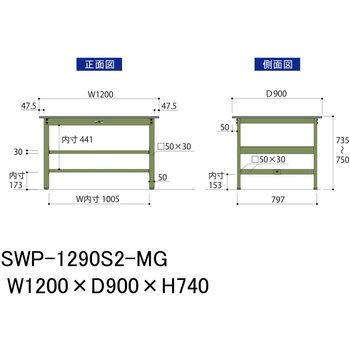 軽量作業台/耐荷重300kg_中間全面棚板付_固定式H740_ポリエステル天板_ワークテーブル300シリーズ 山金工業