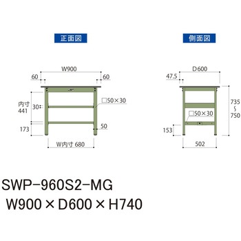 軽量作業台/耐荷重300kg_中間全面棚板付_固定式H740_ポリエステル天板_ワークテーブル300シリーズ 山金工業