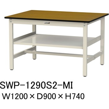 軽量作業台/耐荷重300kg_中間全面棚板付_固定式H740_ポリエステル天板_ワークテーブル300シリーズ 山金工業