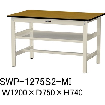 軽量作業台/耐荷重300kg_中間全面棚板付_固定式H740_ポリエステル天板_ワークテーブル300シリーズ 山金工業