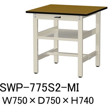 軽量作業台/耐荷重300kg_中間全面棚板付_固定式H740_ポリエステル天板_ワークテーブル300シリーズ 山金工業