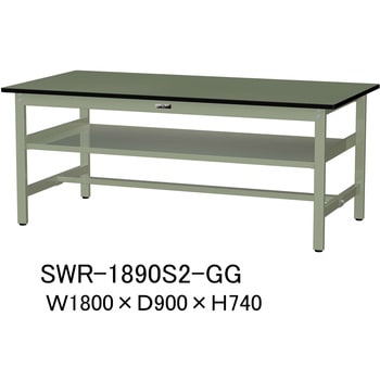 軽量作業台/耐荷重300kg_中間全面棚板付_固定式H740_塩ビシート天板_ワークテーブル300シリーズ 山金工業