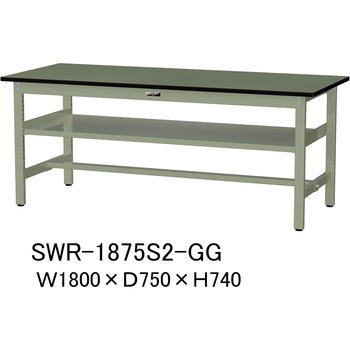 軽量作業台/耐荷重300kg_中間全面棚板付_固定式H740_塩ビシート天板_ワークテーブル300シリーズ 山金工業